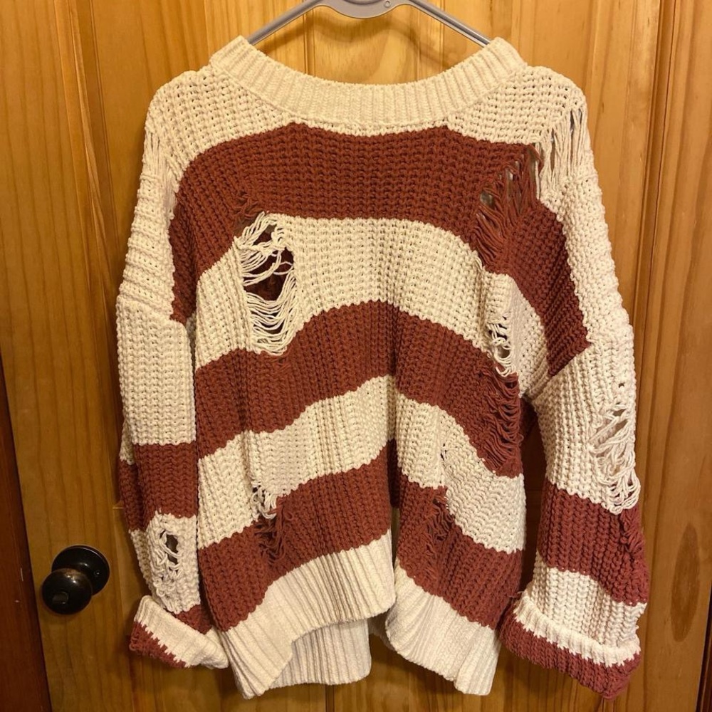 Striped Knit Sweater - Cream and Brown